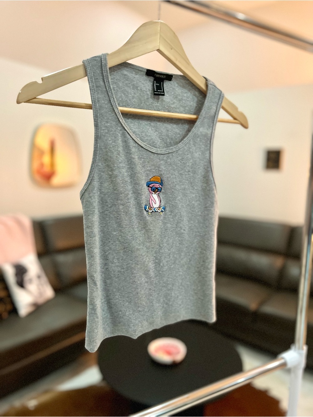 Forever 21 cute grat Ribbed Tank Top with Embroidered Penguin Sz S